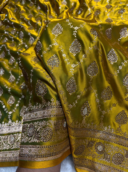 Mehandi Green Floral Jaal Pattern with Sewarovsi Work Satin Katan Silk saree BSK42