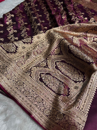 Wine Shades Banarasi Cross Jaal With Stone Work Satin Silk Saree BSS11