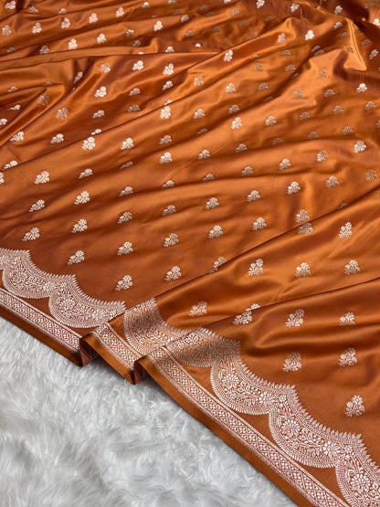 Rusty Orange Scallop Booti Mashru Silk Banarasi Saree MSM-35
