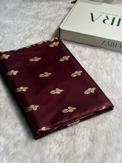 Garnet Shades Floral Booti Motif Satin Katan Silk saree SK61
