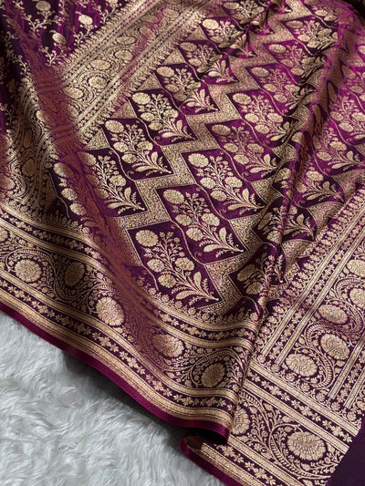 Wine Shades Jaal Pattern Banarasi Satin Silk Saree SS55