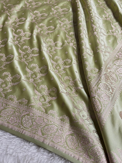 Pastel Pista Shades Banarasi With Floral Jaal Pattern Mashru Silk Saree MSM-134