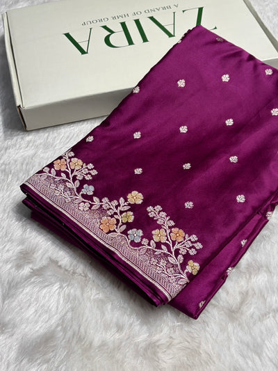 Wine Shades Minakari Floral Border Booti Mashru Silk Saree MCS75
