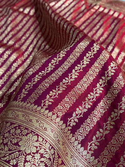 Reddish Magenta Shades Stripe Pattern Banarasi Satin Silk Saree SS46