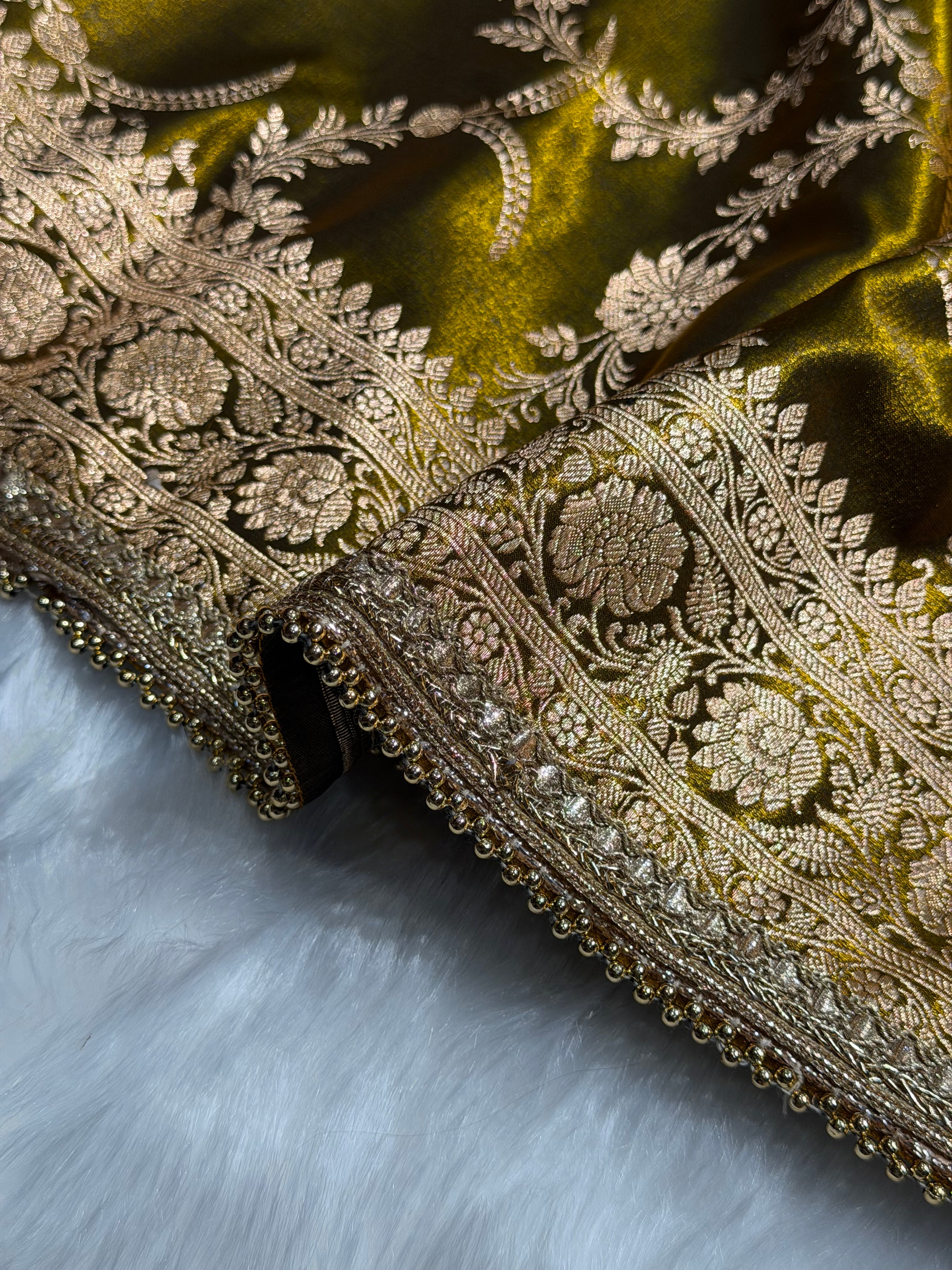 Satin Silk Banarasi Jaal In Mehandi Shades with Gota Patti SSGP18