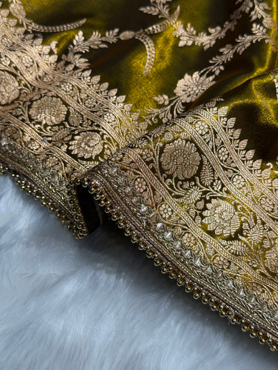 Satin Silk Banarasi Jaal In Mehandi Shades with Gota Patti SSGP18