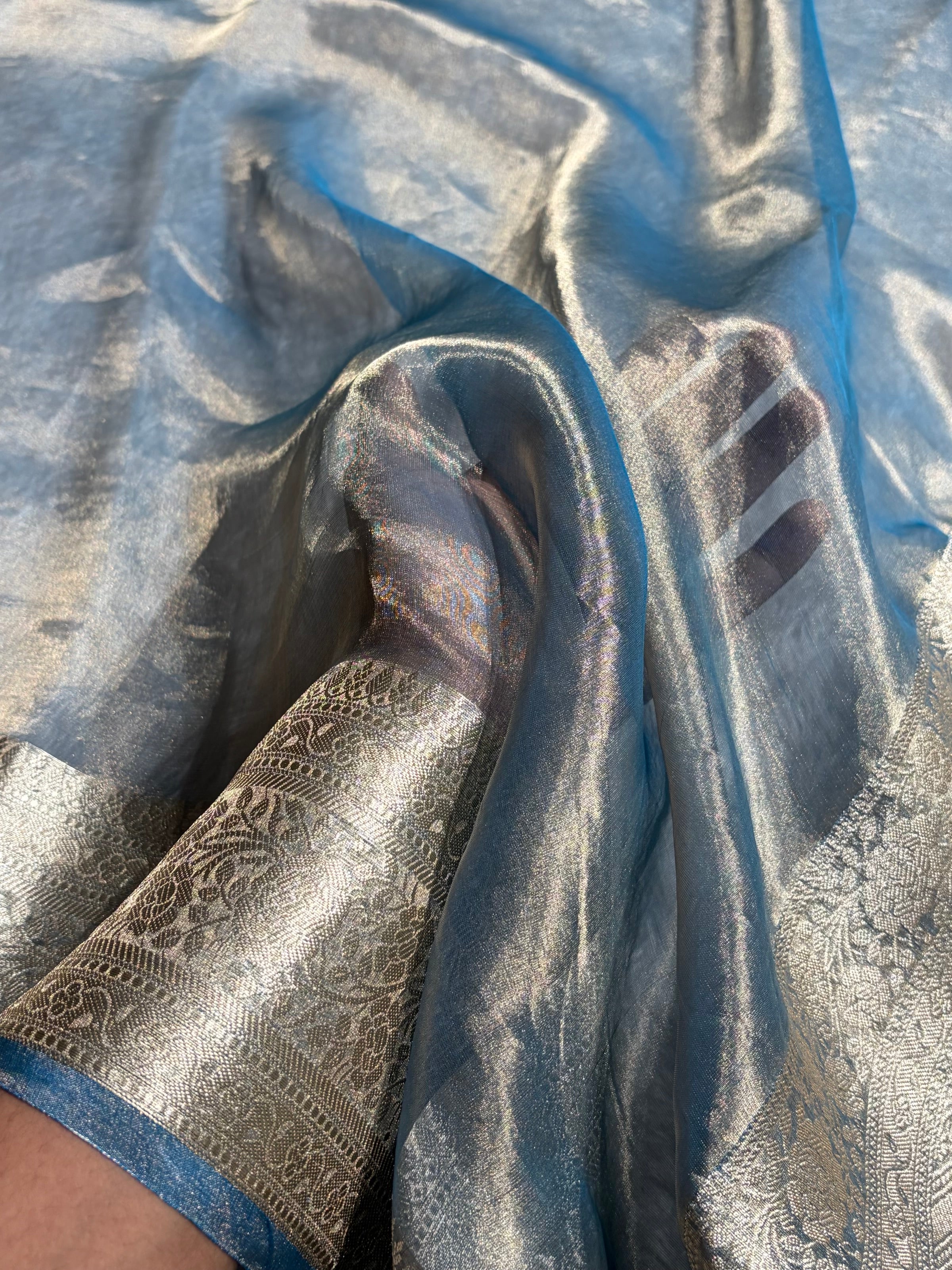 Pastel Blue Shades Pure Tissue Silk Saree with Brocade Blouse PT-08