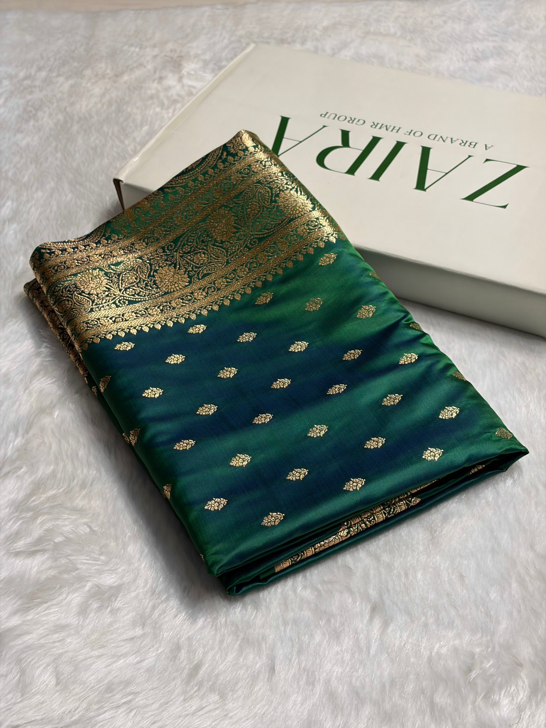 Cross Green Booti Pattern Satin Katan Silk Saree SK53