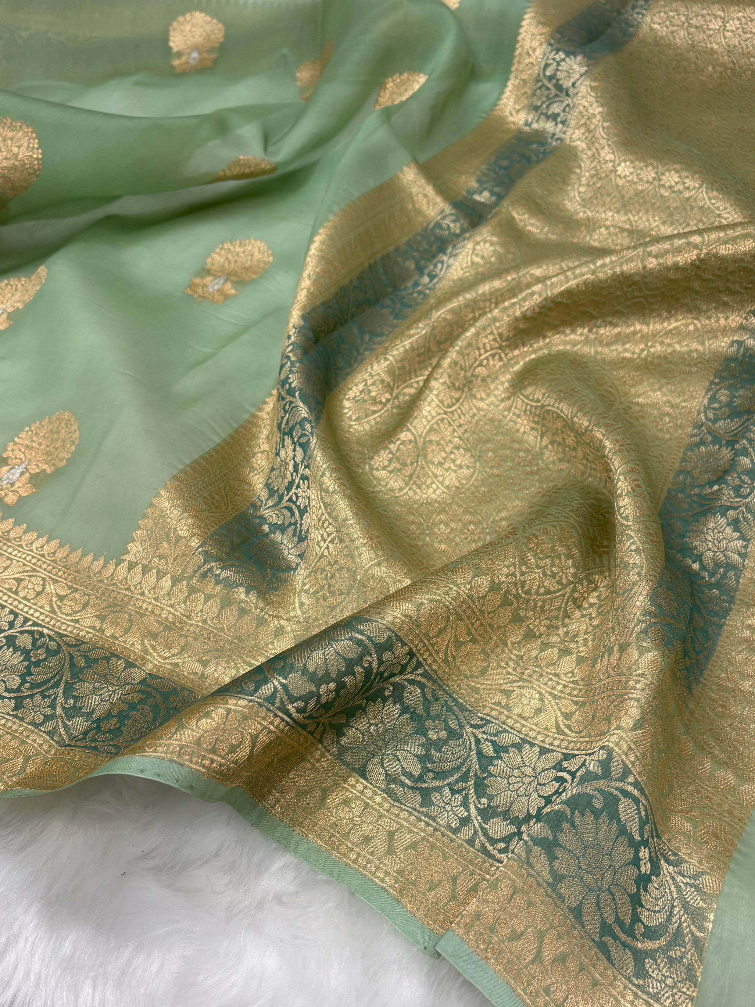 Pure Organza Light Green Meena Floral Banarasi Silk Saree PO-04