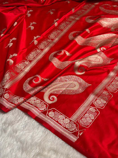 Red Boota With Floral Border Mashru Silk Saree MSM-93