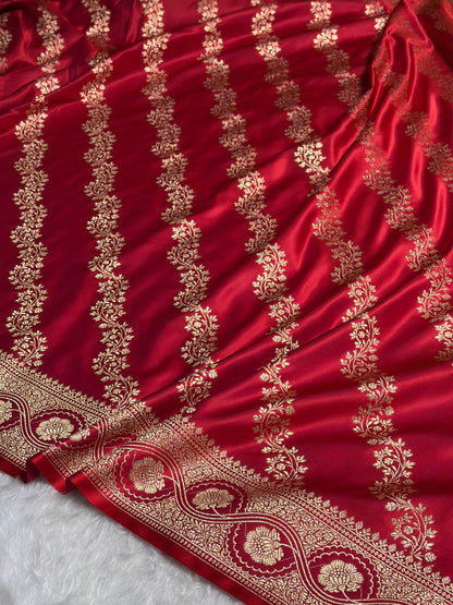 Magentic Red Floral Cross Pattern Satin Katan Silk Saree SK74