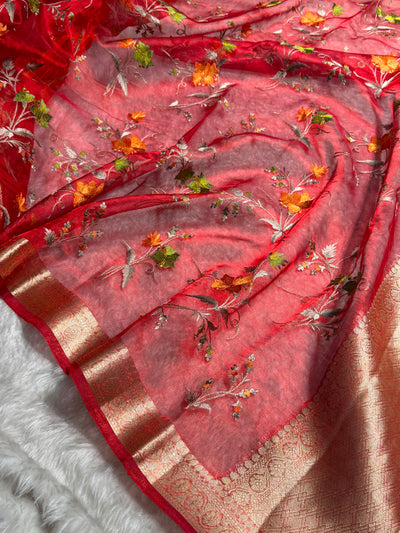Maroon Shades With Floral Embroidered Pure Tissue Silk Saree with Brocade Blouse PTE-09