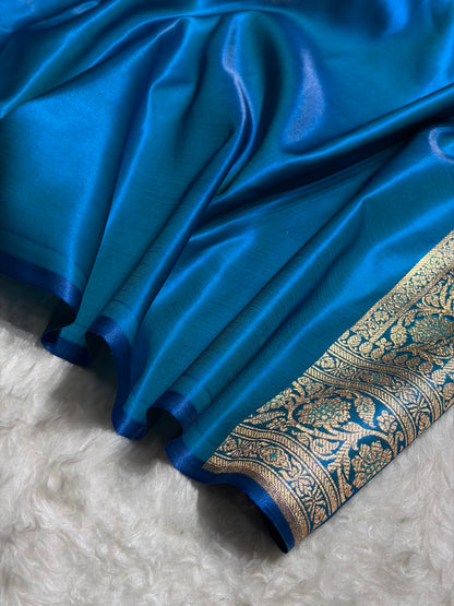 Banarasi Contrast Satin Silk Booti in Baby Pink With Royal Blue Shades SS01