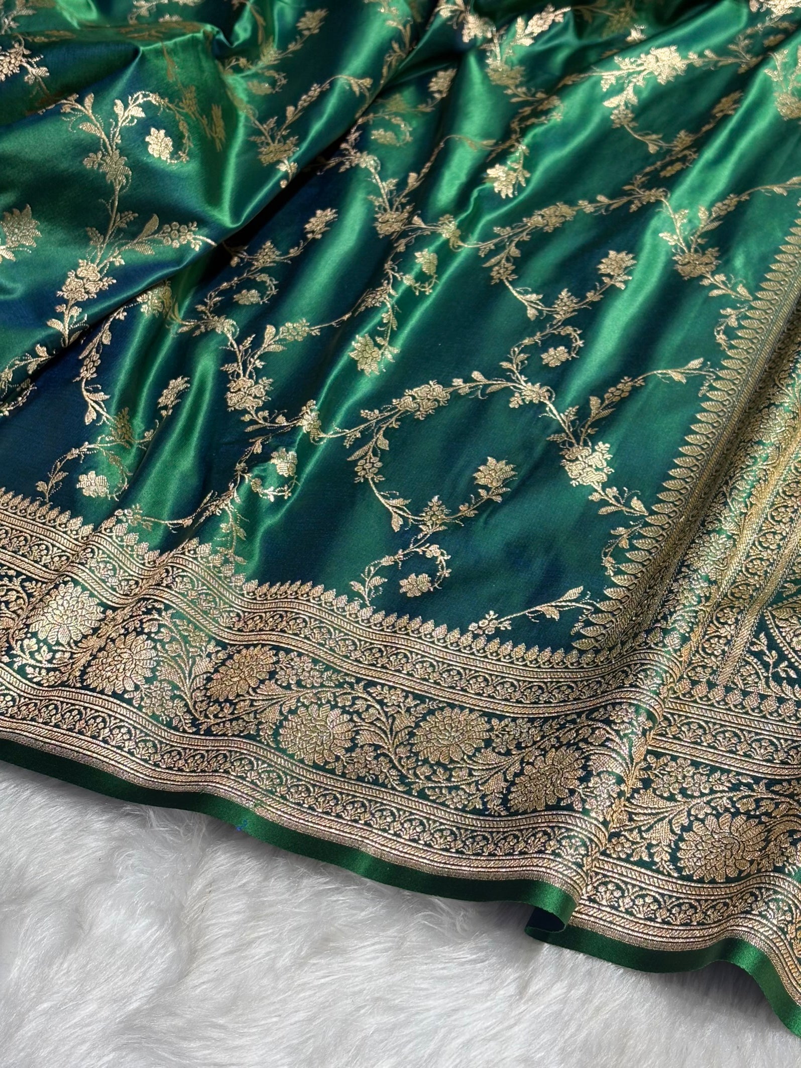 Bottle Green Cross Floral Jaal Pattern Satin Katan Silk saree SK60