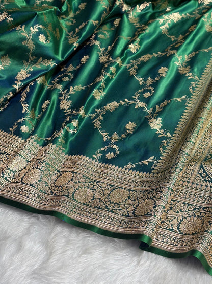 Bottle Green Cross Floral Jaal Pattern Satin Katan Silk saree SK60