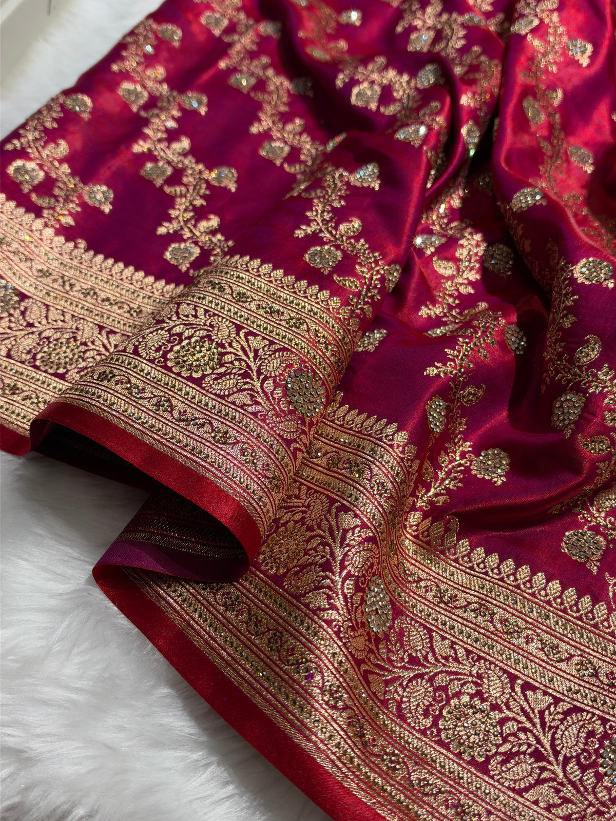 Bridal Reddish Magenta Cross Satin Silk with Ari and Stone work BSS11