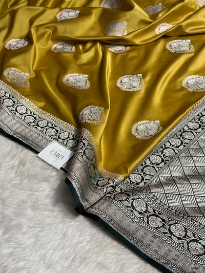 Contrast Dusty Mustard With Dark Bottle Green Minakari Boota Mashru Silk Saree MCS35