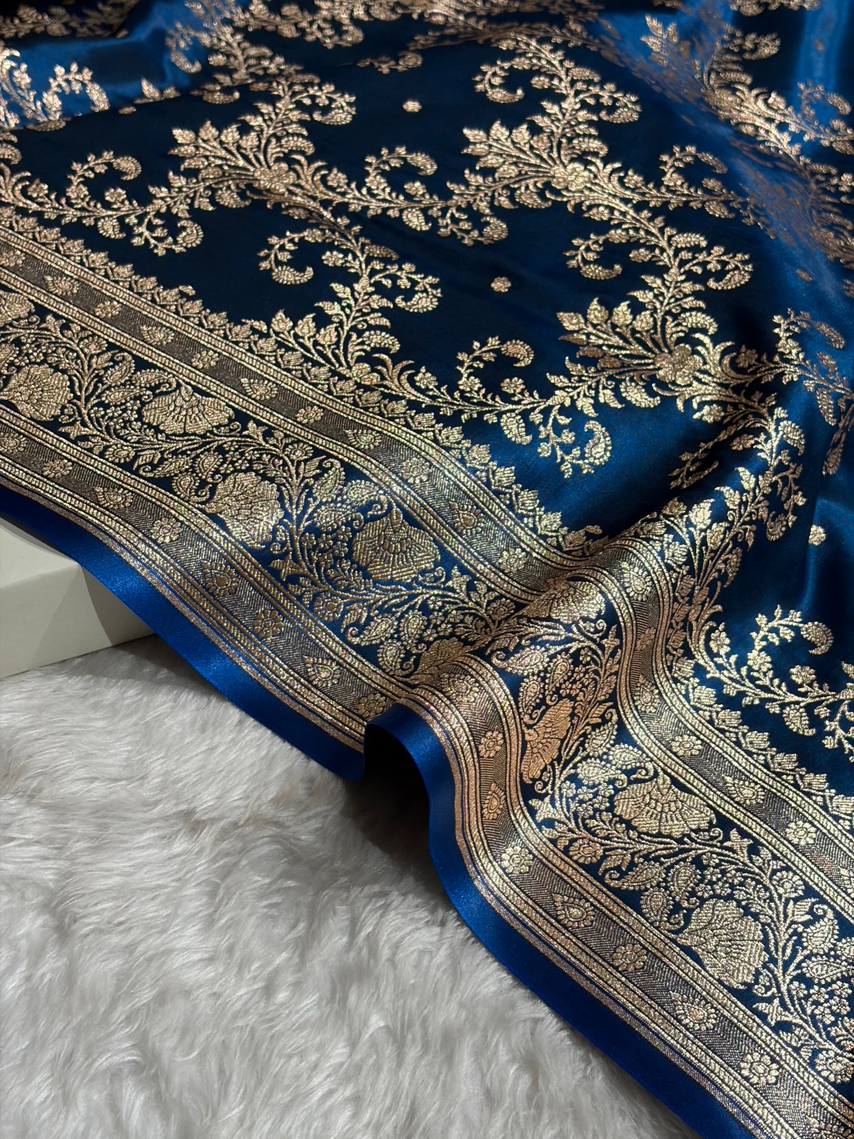 German Blue Shades Jaal Pattern Banarasi Satin Silk Saree SS49