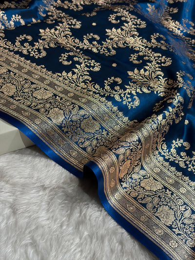 German Blue Shades Jaal Pattern Banarasi Satin Silk Saree SS49
