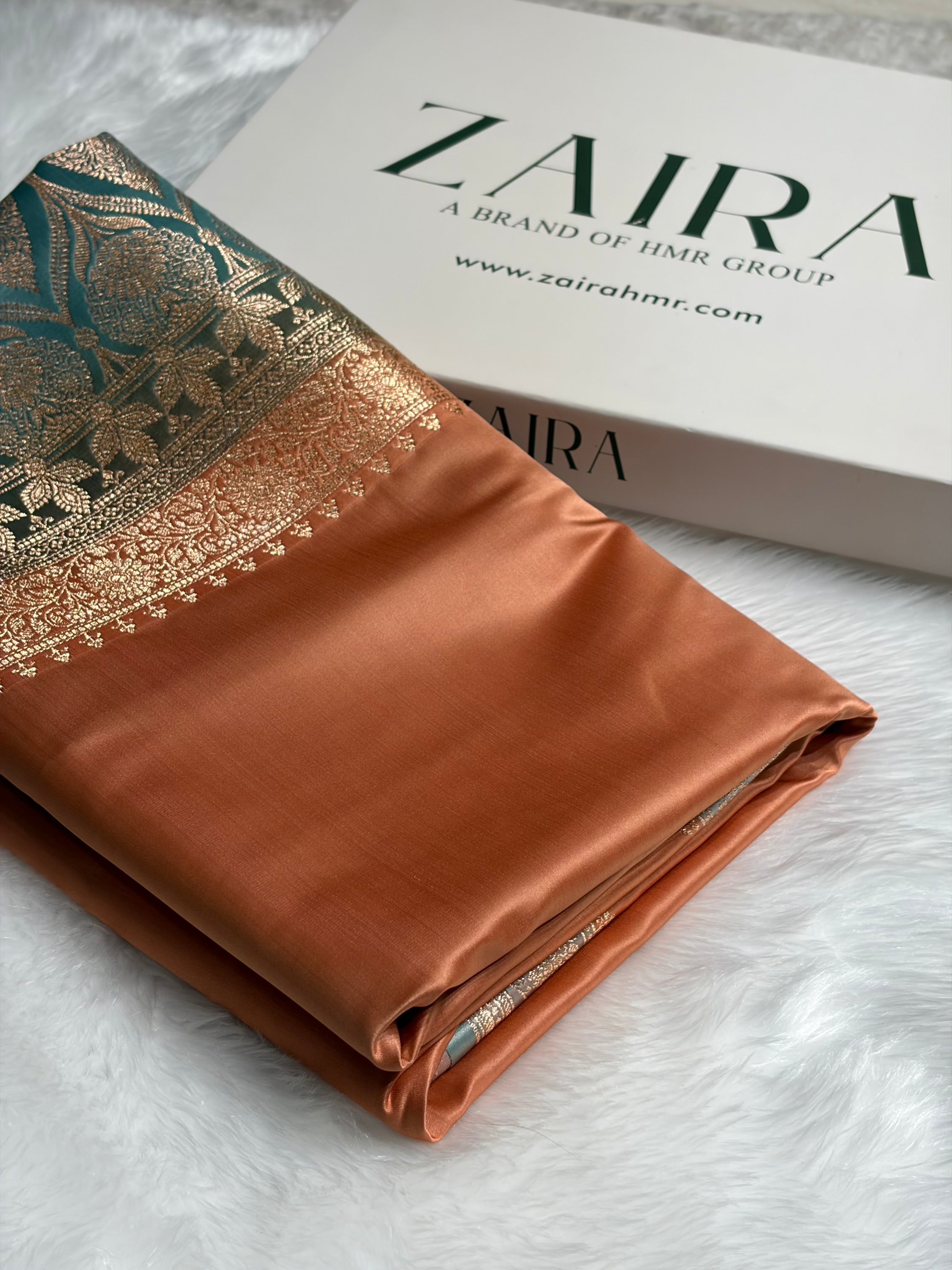 Banarasi Satin Katan Saree in Contrast Peach  /  Turquoise Shades SK131