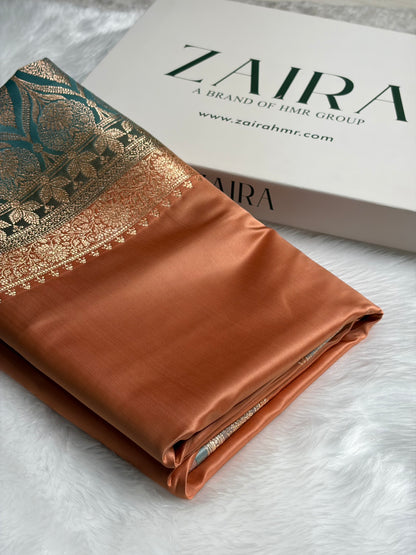 Banarasi Satin Katan Saree in Contrast Peach  /  Turquoise Shades SK131
