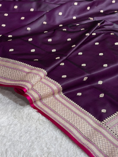 Banarasi Wine Boota With Floral Border Mashru Silk Saree