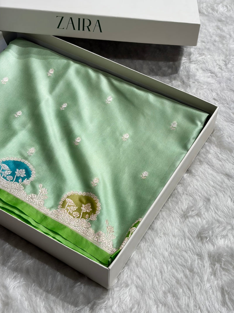 Banarasi Light Pista Shades With Minakari Floral Mashru Silk Saree MCS91