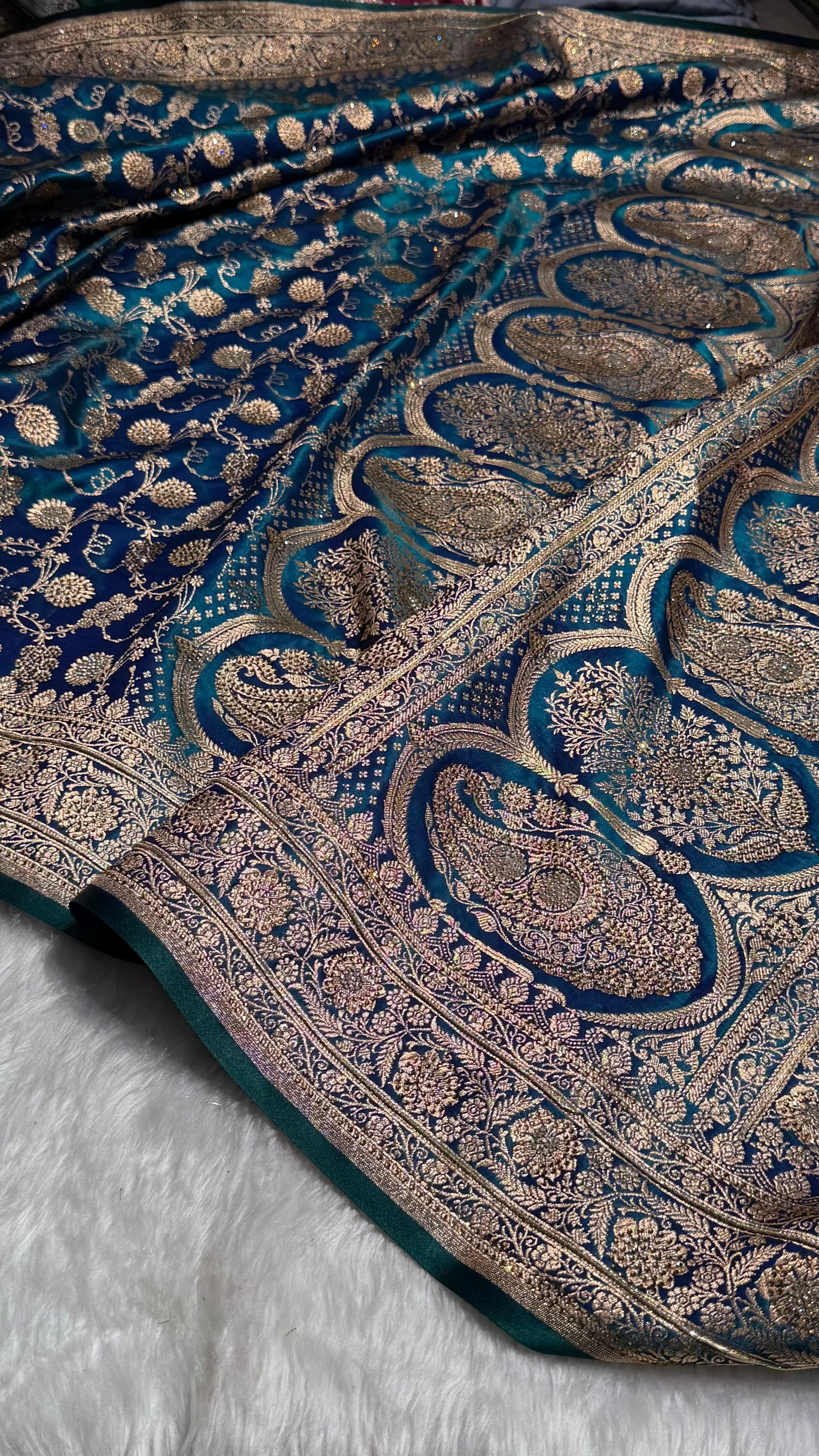 Peacock Satin Silk Jaal with Swavroski Work BSS17