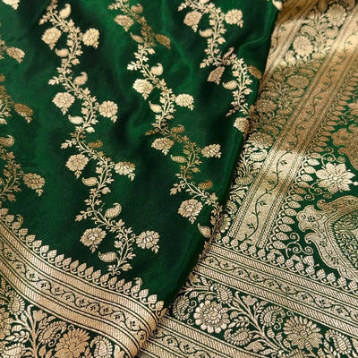 Banarasi Pattern Bottle Green Cross Satin Silk Saree SS11