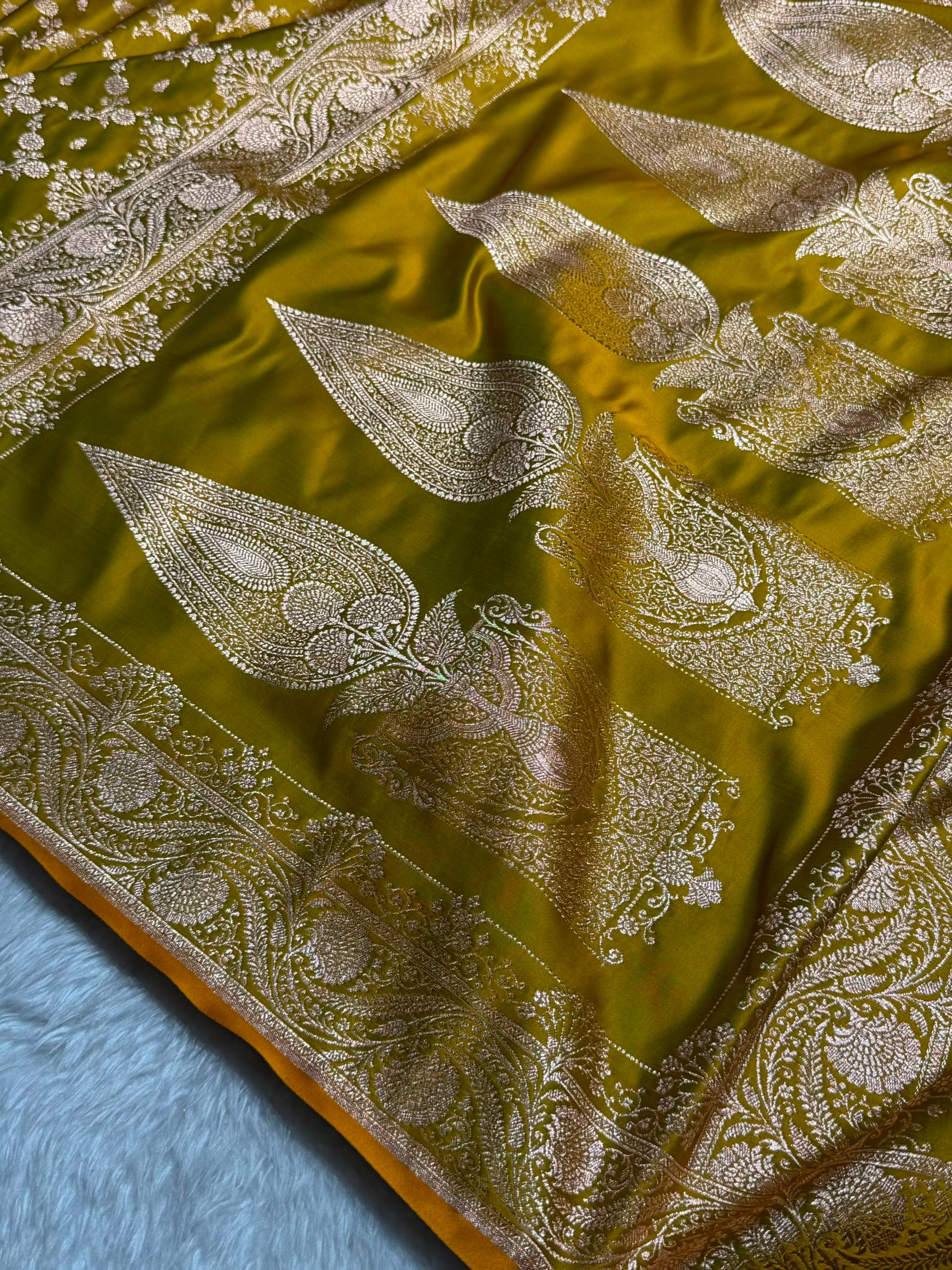Banarasi Satin Katan Saree Jaal Pattern In Liril Mahndi Shades SK133