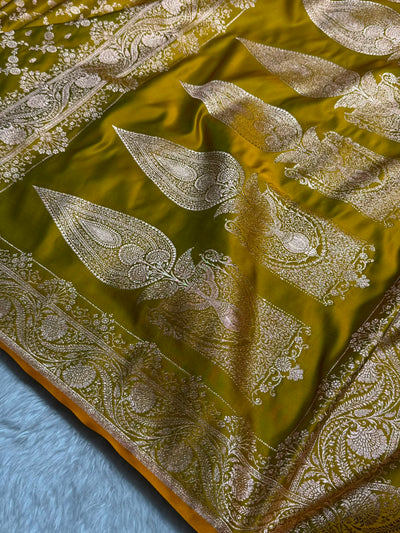 Banarasi Satin Katan Saree Jaal Pattern In Liril Mahndi Shades SK133