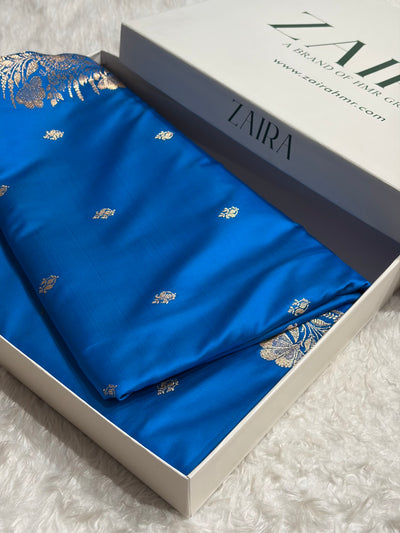 Banarasi Satin Katan Saree Floral Border Pattern in Blue Shades SK143