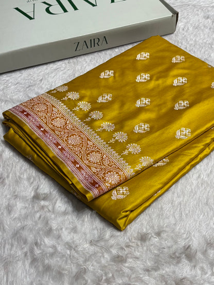 Mustard Shades Banarasi Minakari Floral Border Boota Mashru Silk Saree MS66