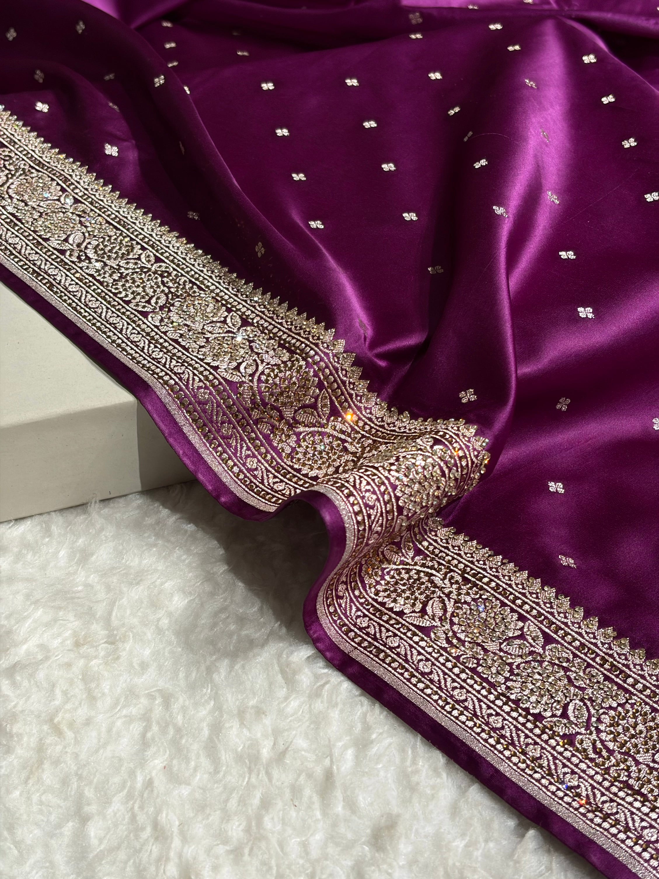 Wine Booti With Swarovski Stone Work Mashru Silk Saree BMS70