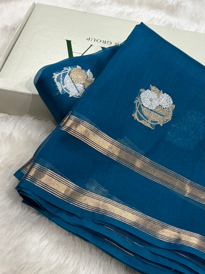 Pure Banarasi Organza German Blue Shades Floral Banarasi Silk Saree PO-20