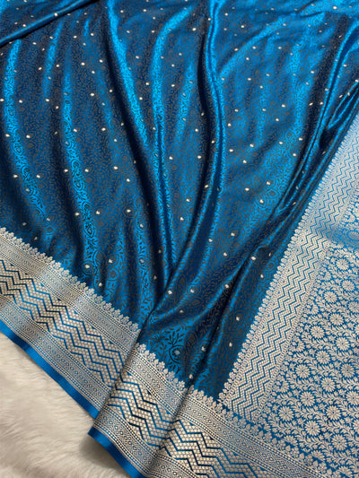 German Blue Shades Jamawar Tanchoi Motif Mashru Silk Saree MST-17