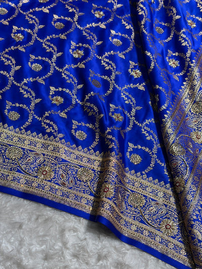 Royal Blue Shades Floral With Zardozi Work In Jaal Pattern Satin Katan Silk saree BSK55