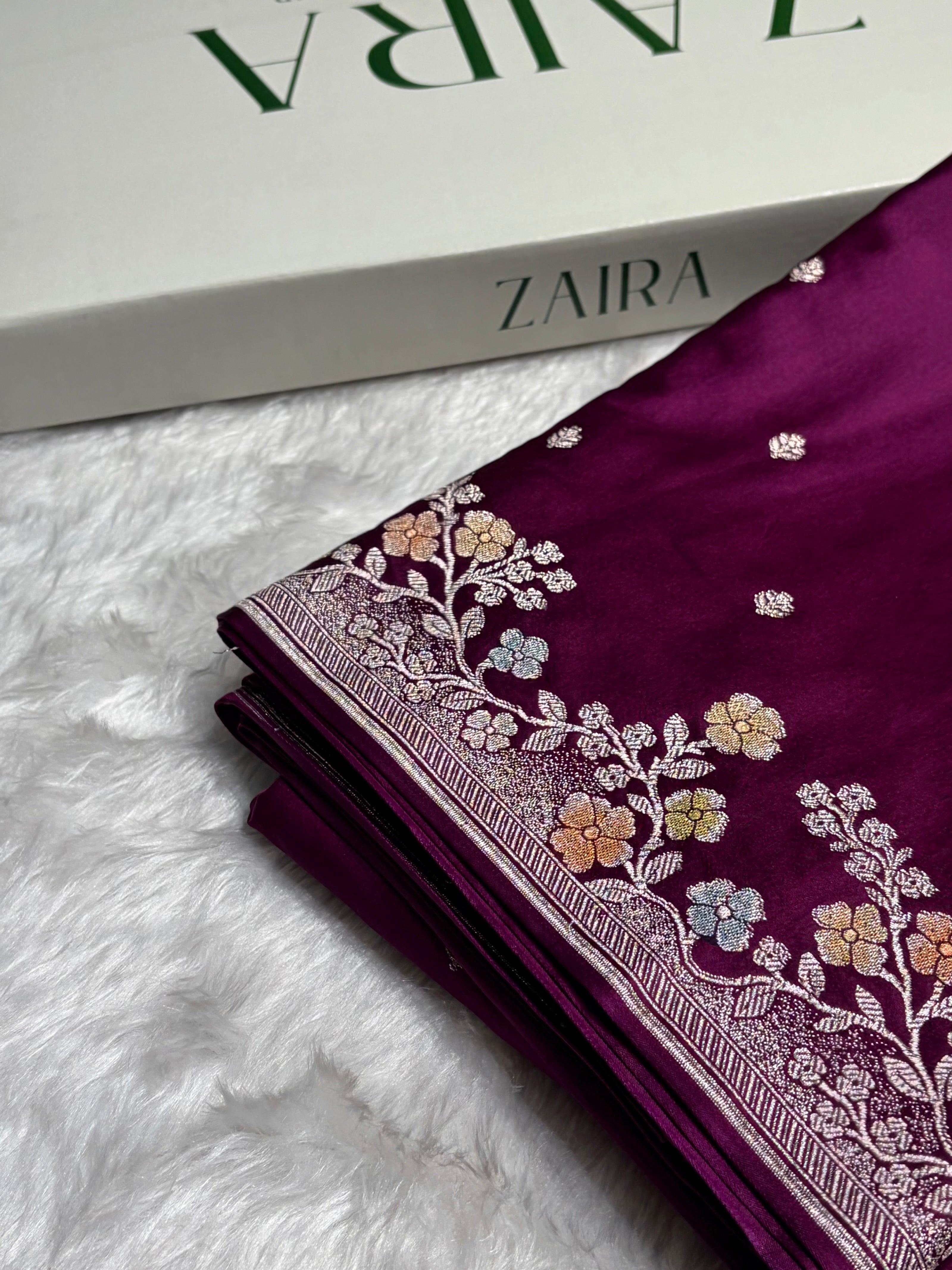 Wine Shades Minakari Floral Border Booti Mashru Silk Saree MS75