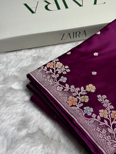 Wine Shades Minakari Floral Border Booti Mashru Silk Saree MCS75