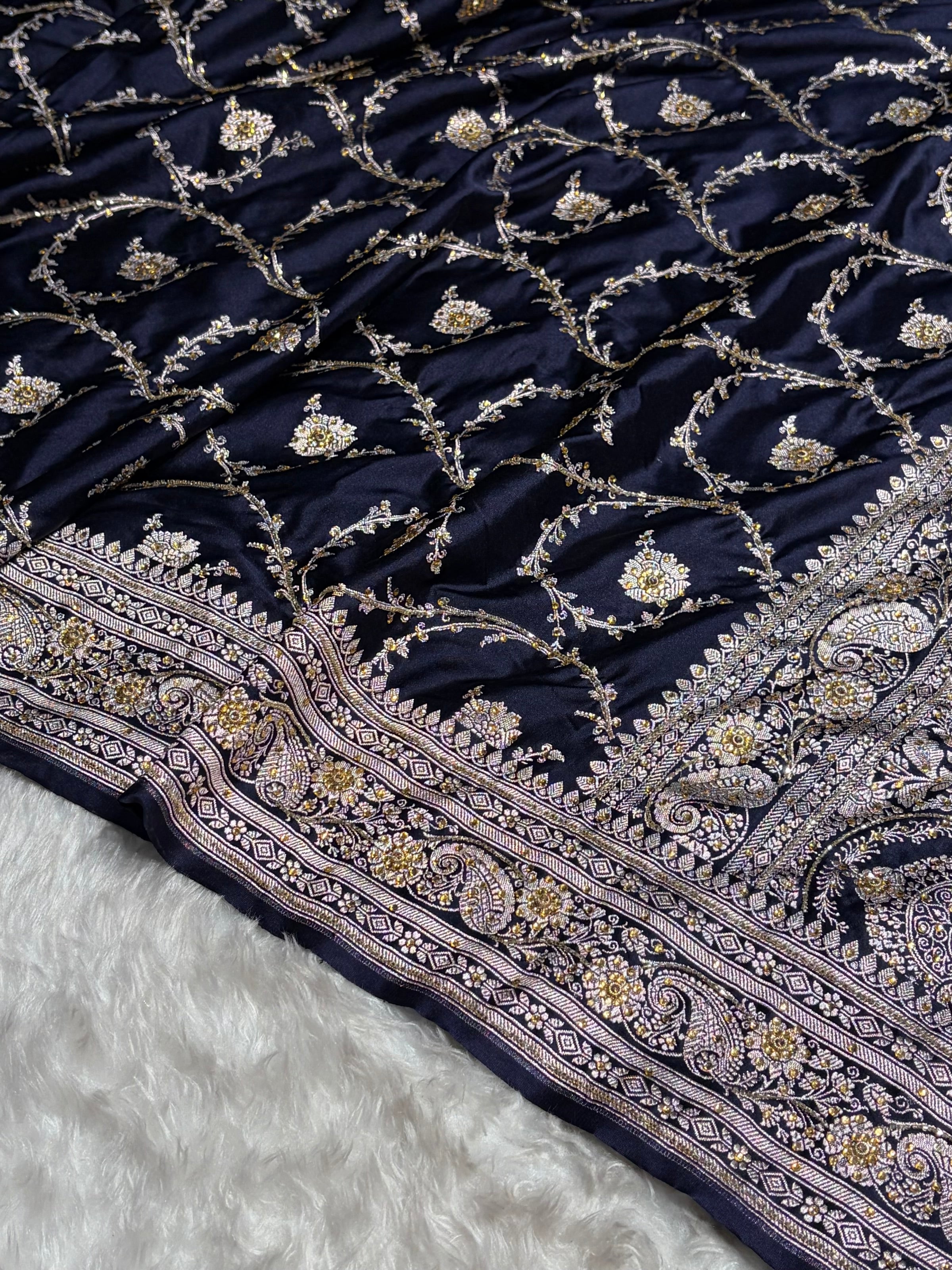 Banarasi Navy Blue Shades Jaal Mashru Silk Saree With Ari Stone Work BMS44