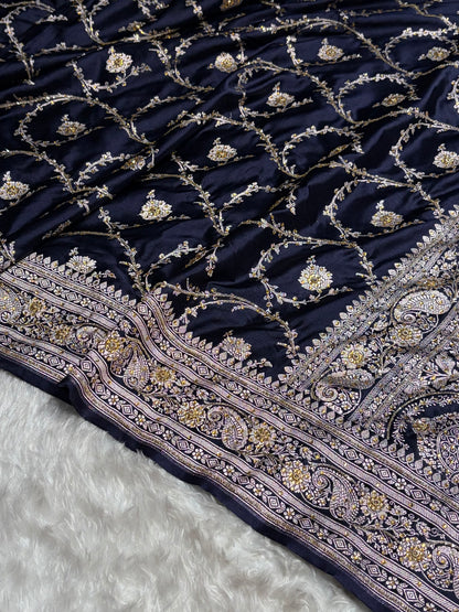 Banarasi Navy Blue Shades Jaal Mashru Silk Saree With Ari Stone Work BMS44