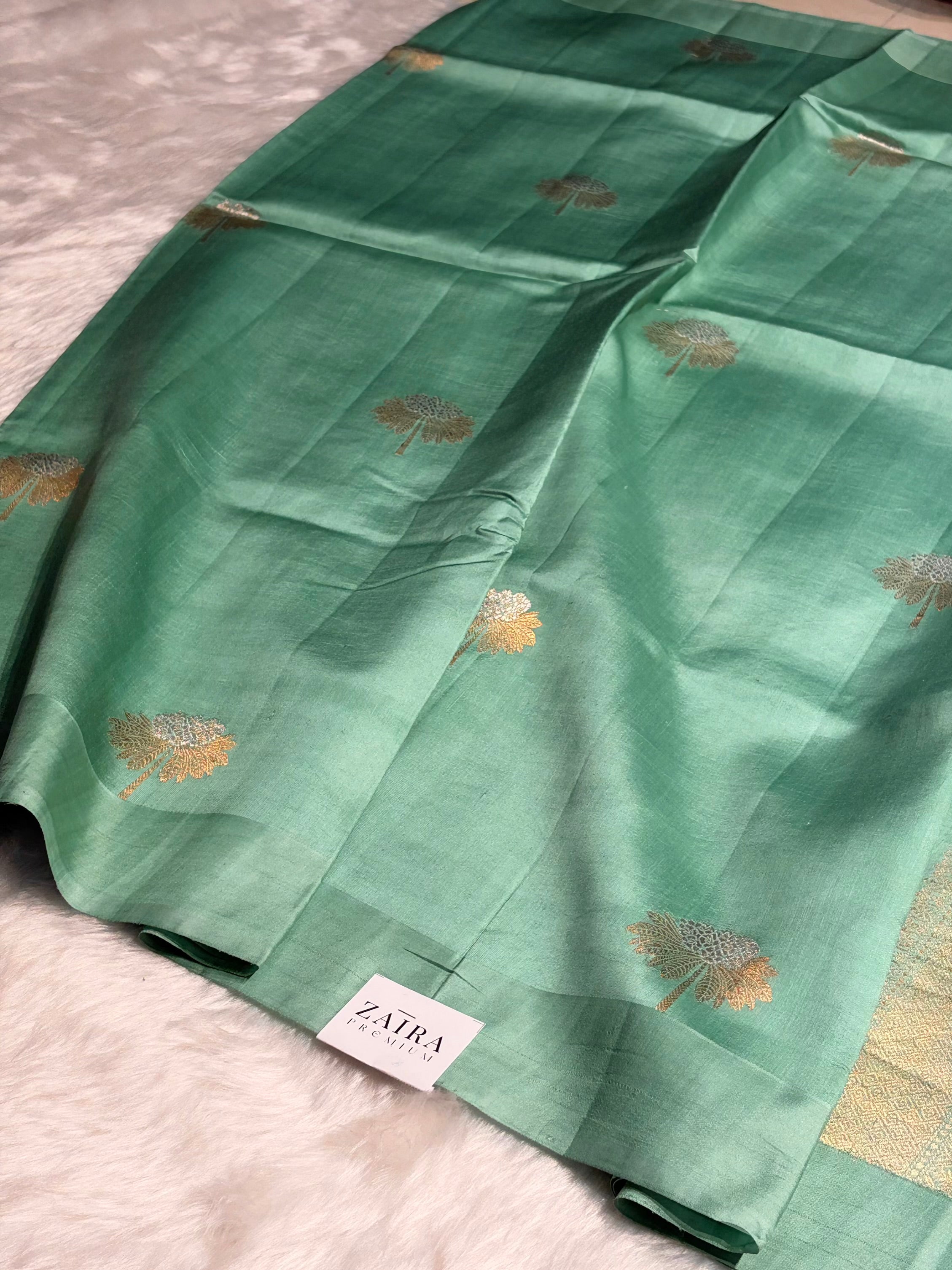 Sea Green Shades Meena Boota Handwoven Raw Mango Silk RM-43
