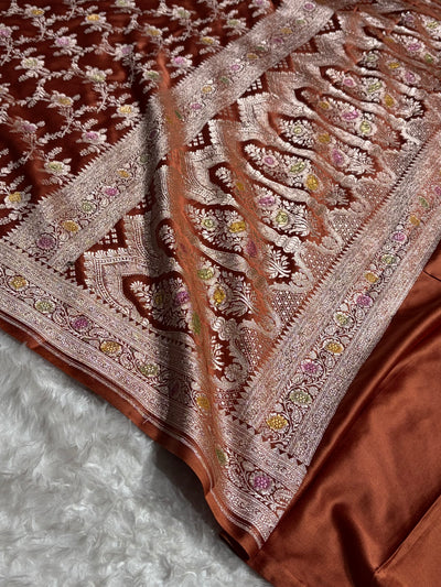 Rust Brown Shades Banarasi Minakari Floral Jaal Mashru Silk Saree MCS28