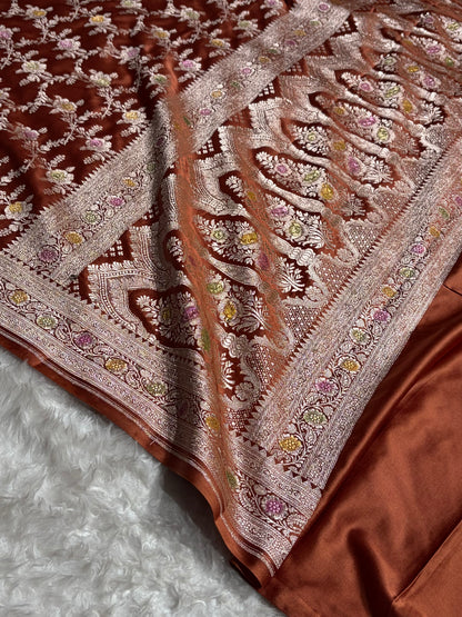 Rust Brown Shades Banarasi Minakari Floral Jaal Mashru Silk Saree MCS28