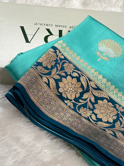Banarasi Sea Green With Rama Contrast Shades Minakari Boota Handwoven Pure Paper Silk RM-84