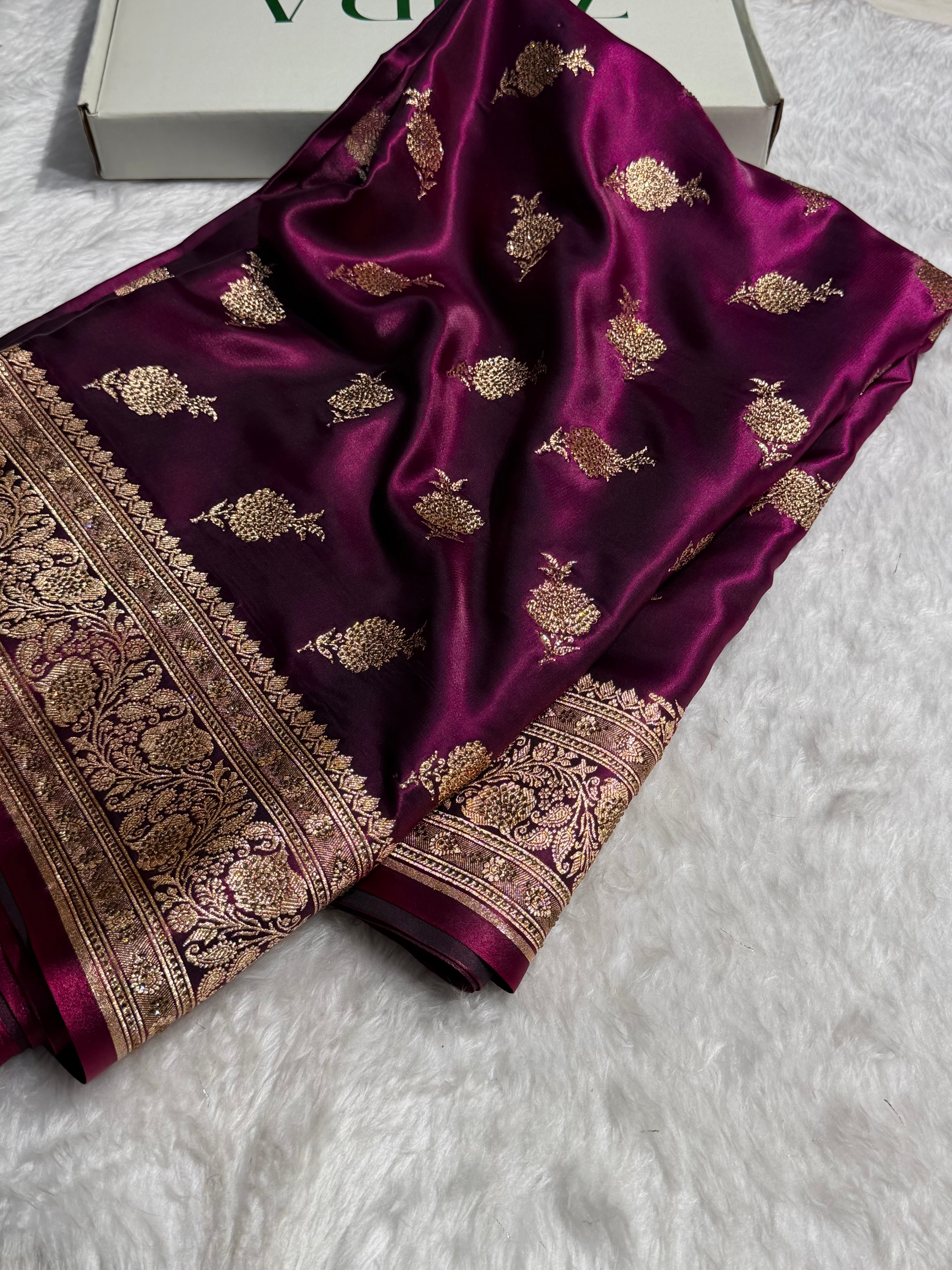 Satin Silk Saree Swarovski Work Floral Boota in Wine Shades BSS26