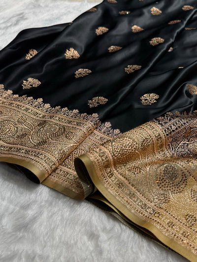 Black - Cream Banarasi Boota With Swarovski Katan Silk Saree BSKM29