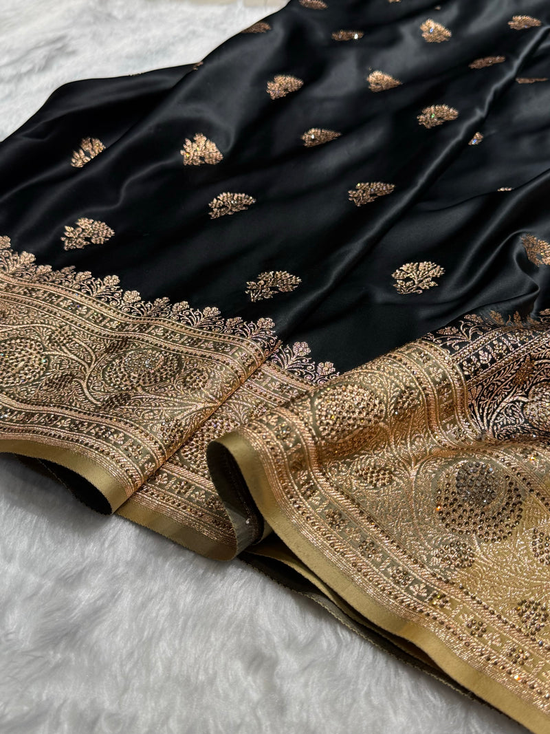 Black - Cream Banarasi Boota With Swarovski Katan Silk Saree BSKM29