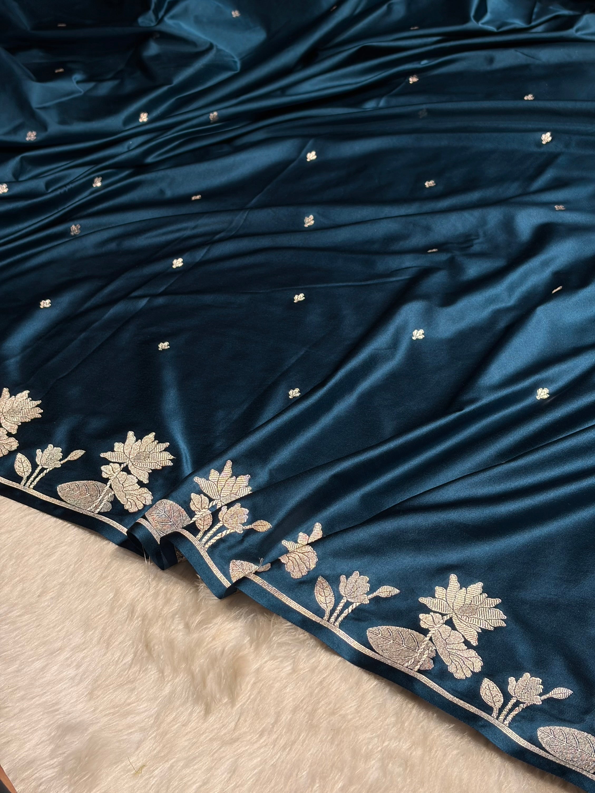 German Blue Floral Border Booti Mashru Silk Saree MS11