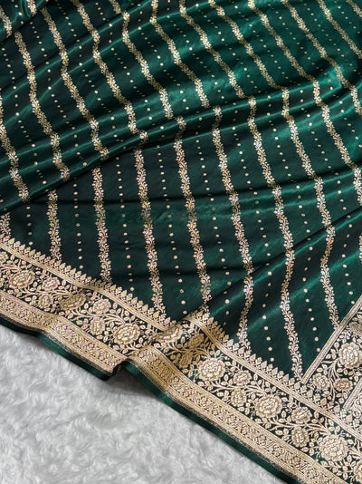 Banarasi Bottle Green Shades Cross Pattern Banarasi Satin Silk Saree SS61